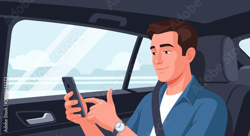 Man uses smartphone in car, distracted driving concept
