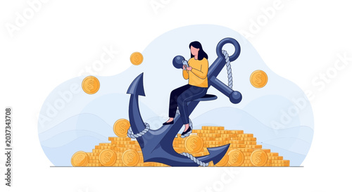 Woman sitting on anchor with coins, stable investment or financial security concept