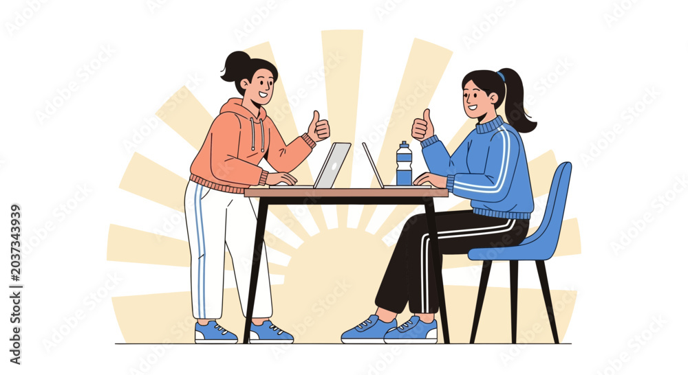 Fototapeta premium Two women working together on laptops and giving thumbs up