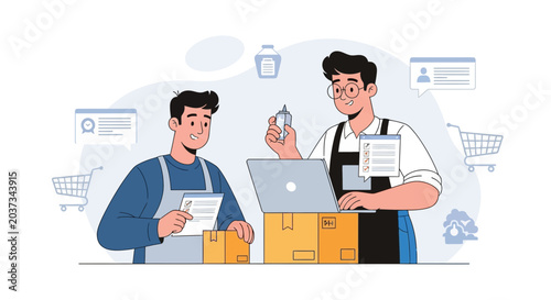Warehouse workers processing orders with laptop and checklist