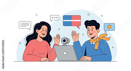 Video Call Greeting, Online Communication, Remote Work People