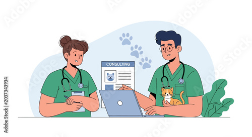 Veterinary Clinic Consultation: Doctors with Cat and Laptop, Paw Prints