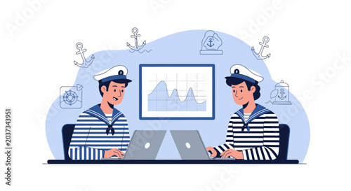 Two sailors working on laptops in front of a graph, nautical theme
