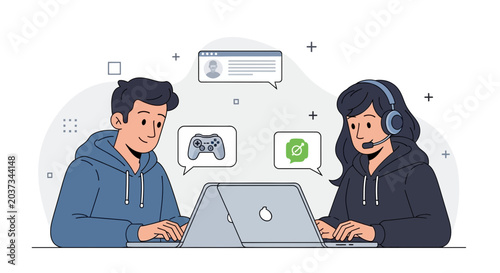 Teens gaming online, connected with laptops and game controller speech bubbles