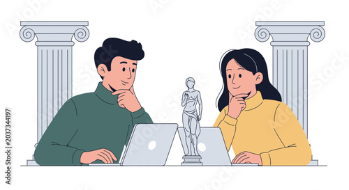 Teamwork, education, and contemplation with laptops and classical elements