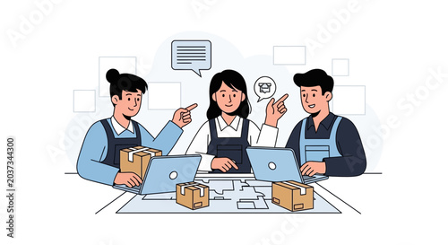Teamwork in logistics: people discussing delivery and online orders