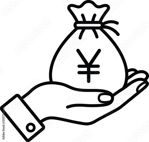 A hand holding a money bag with a yen symbol on white background