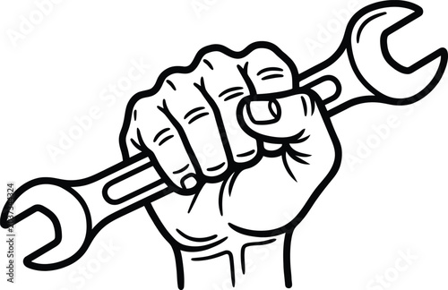 Hand holding a large adjustable wrench in a fist