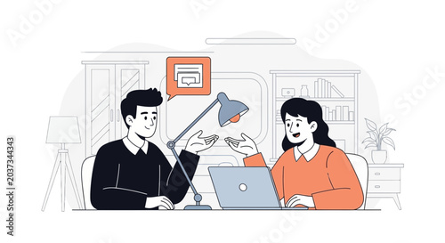 Teamwork illustration with people collaborating on a laptop