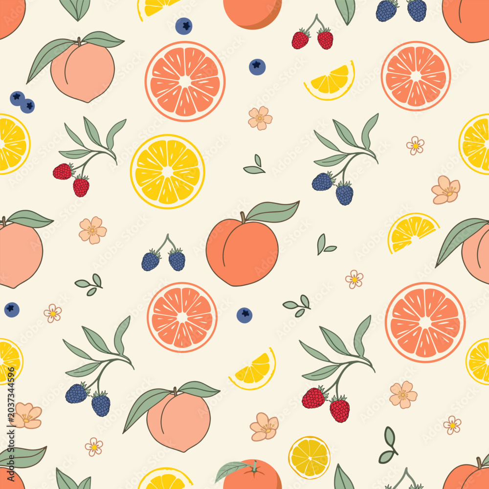 Obraz premium Summer orchard pattern fruit peach citrus berry seamless illustration background summer orchard pattern repeating wallpaper textile wrapping