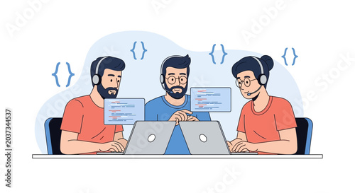 Teamwork Coding Concept: Diverse Programmers Collaborating on Laptops with Code