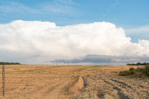 Hay field with path and dramatic clouds: golden harvested field with hay bales, rural path and towering white clouds in a summer countryside landscape