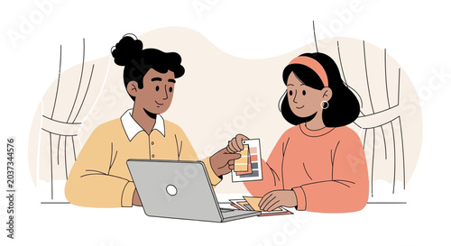 Teamwork brainstorming business ideas with laptop and color swatches