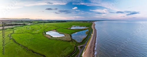 Marshes over Beach Rye Bay from a drone, Rye, East Sussex, England