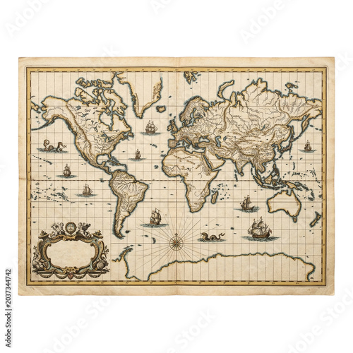 Vintage World Map With Old Ships And Compass Rose, Decorative Cartography Art