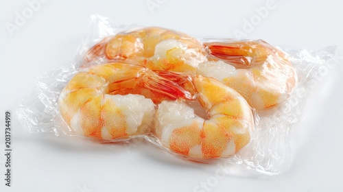 Fresh Shrimp Pack Frozen shrimp sealed in transparent vacuum packaging on a white background.