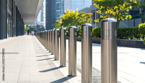 Metal bollards on city sidewalk protection.