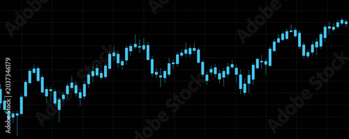 Stock market candle stick chart in blue moving up. Growth, wealth, success, trend, investment, technical analysis, volatile, risk, trading.
