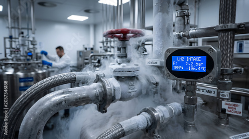 cryogenic tank valve and digital display in a laboratory setting with scientist blurred in background