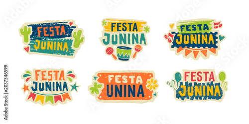Festa Junina carnival flyers with crayon icons of summer festival in frames. Music party posters with accordion, guitar, bonfire, drum and lantern drawn with blue chalk, vector illustration