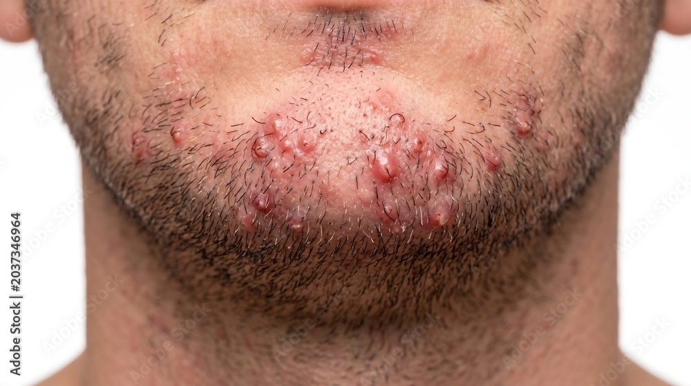 Fototapeta premium Severe acne vulgaris and pustules on male chin and beard area