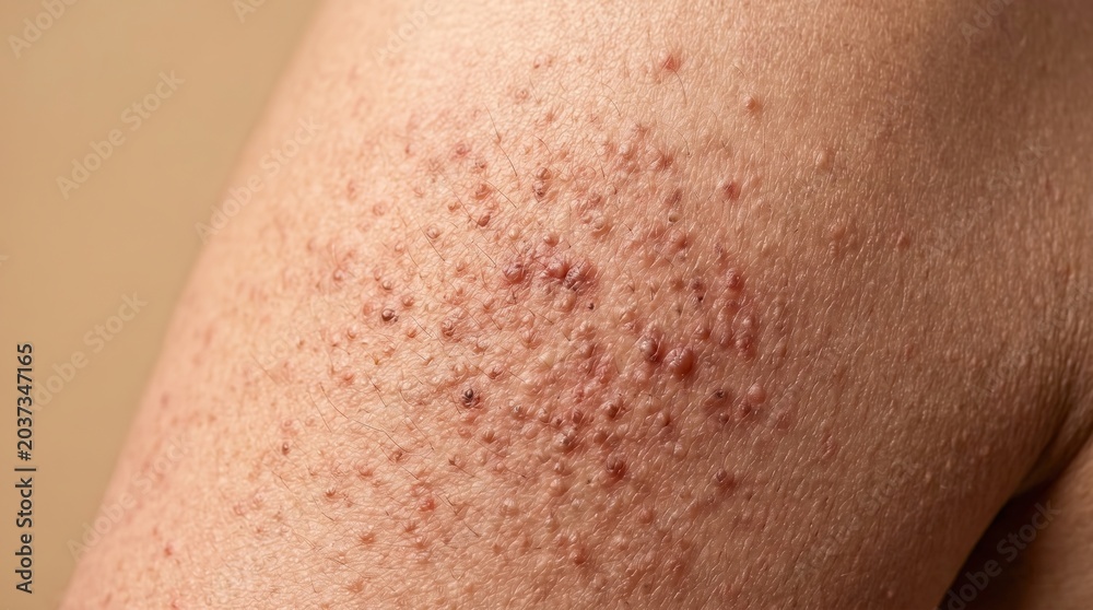 Fototapeta premium Inflamed keratosis pilaris bumps and pustules on upper arm skin