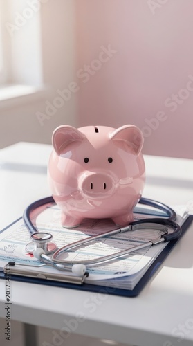 A pink piggy bank sits on a clipboard with medical forms, encircled by a stethoscope, symbolizing healthcare costs and financial planning in medicine.
