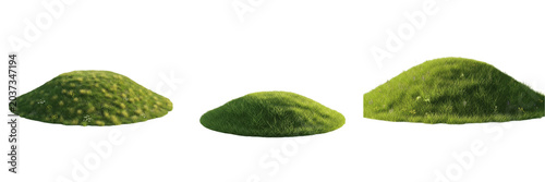 Foto Small mounds of fresh green grass and natural soil hills isolated on white backg
