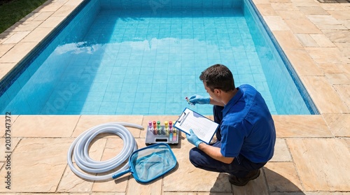 Pool pro checks list near blue water ensures safety concept. A technician checking pool water quality with various tools and equipment.