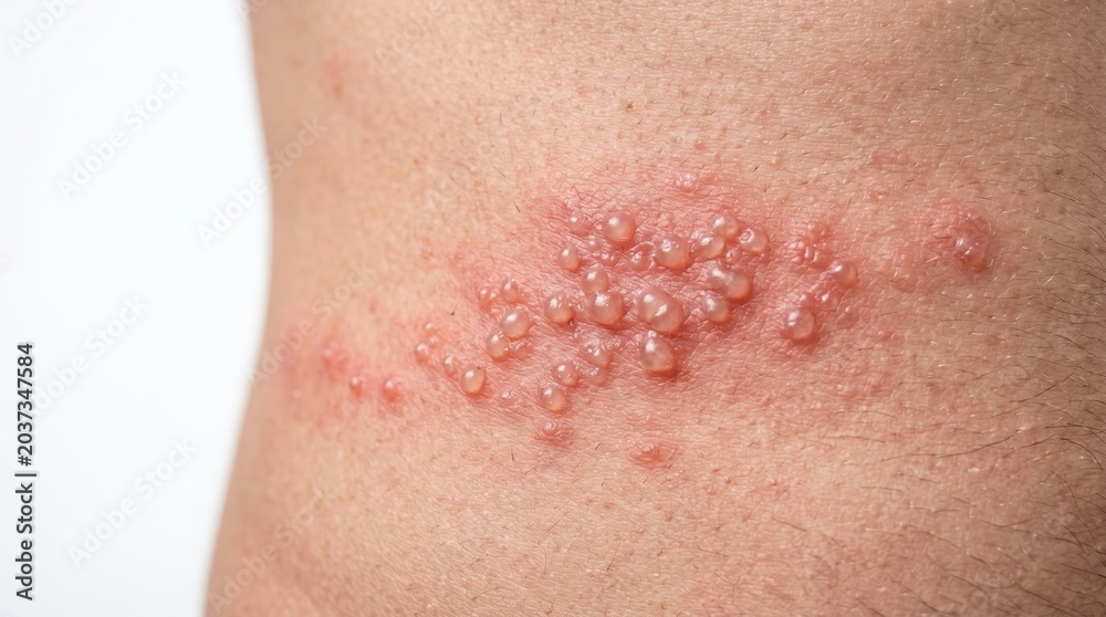 Fototapeta premium Cluster of painful varicella zoster virus vesicles on inflamed skin of torso