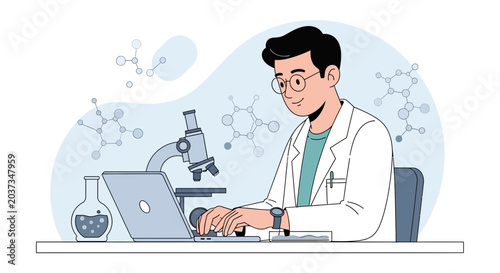 Scientist working on laptop with microscope and lab equipment, molecular structures