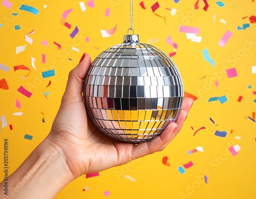 A hand holding a shiny disco ball against a vibrant yellow background with colorful confetti