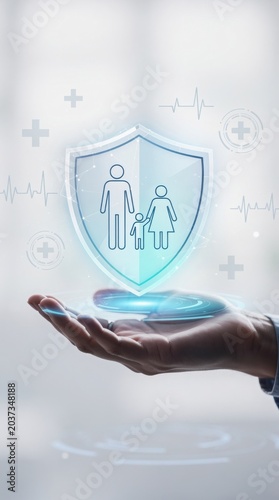A hand holds a glowing shield with a family icon, symbolizing health protection and insurance surrounded by medical symbols like crosses and heartbeats.