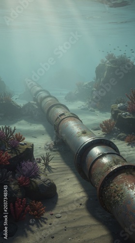 An underwater pipeline runs across the ocean floor surrounded by coral reefs and marine life in a serene aquatic environment.