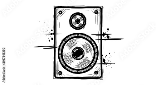 A black and white sketch of a vintage speaker with a large woofer and a smaller tweeter, set against a white background with abstract ink splatters and lines.