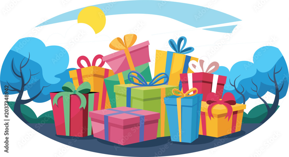 Fototapeta premium Colorful Stacked Gift Box Collection in Outdoor Park Setting with Blue Trees and Sun for Birthday Celebrations, Holiday Surprises, and Festive Marketing Promotion Banner Designs.