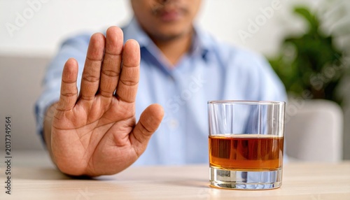 Man shows refusal to alcohol, sobriety choice. A man raises a stop hand to a glass at home, showing abstinence resisting temptation choosing health amid addiction 