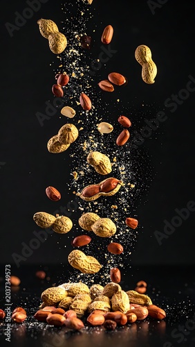 A pile of peanuts and peanut dust against a dark background