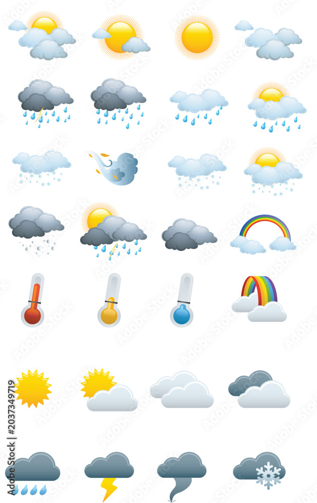 Fototapeta premium A comprehensive collection of weather forecast icons depicting various atmospheric conditions and temperatures.