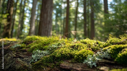 A serene forest landscape with moss-covered trees and a carpet of greenery under a sunny sky