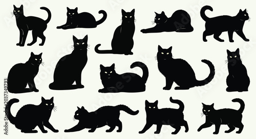 Collection of black cat silhouettes in various poses on light background