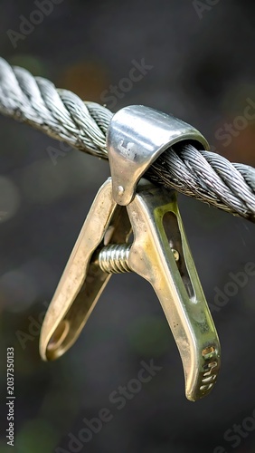 A metal clip securing a thick rope