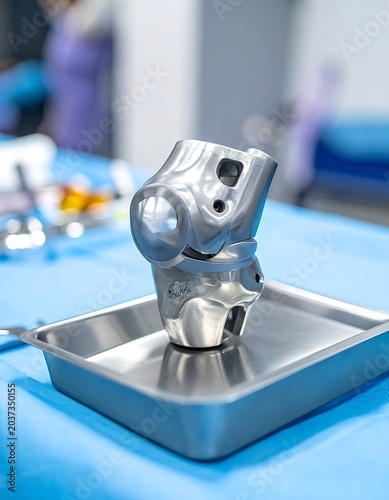 A metal knee joint model on a surgical tray