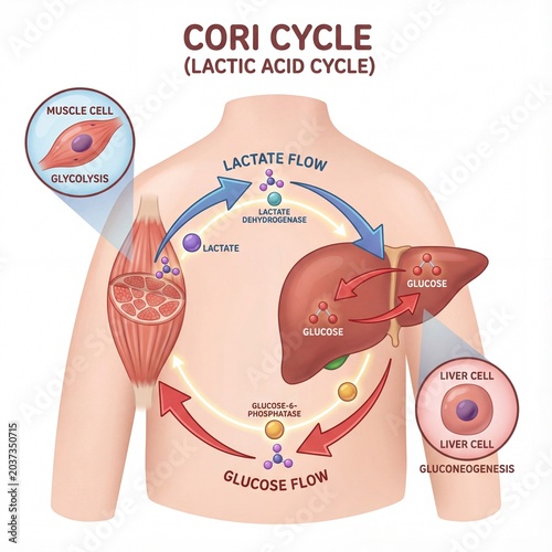 Fotografija The Cori Cycle A Detailed Illustration of Lactate and Glucose Metabolism Between