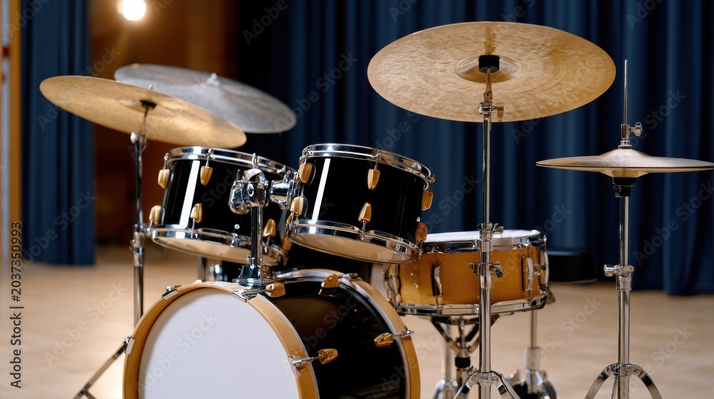 Obraz premium Drum set with black and wood finish, featuring cymbals and snare, positioned in a performance space with blue curtains and wooden floor