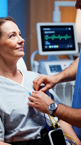 Doctor attaching electrocardiogram leads to patient's chest.