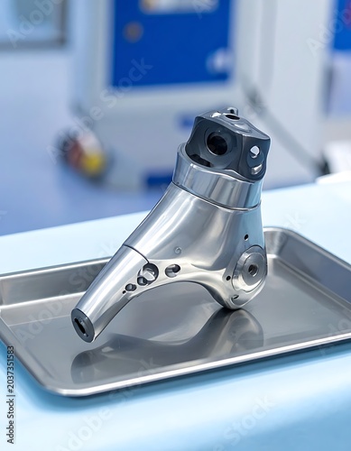 A metallic prosthetic limb on a tray
