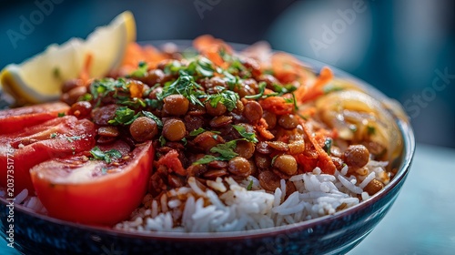 A delicious bowl of rice and lentils garnished with fresh herbs and vegetables