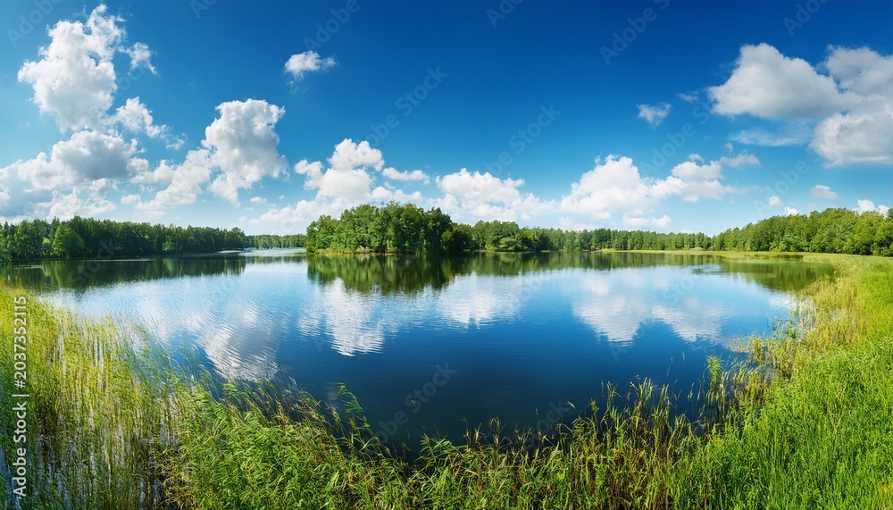 Fototapeta premium Lake Panorama With Blue Sky And Clouds Peaceful Summer Landscape Nature Background Calm Water Reflection