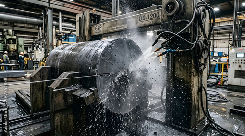 industrial pipe cutting machine in factory with sparks and coolant spray